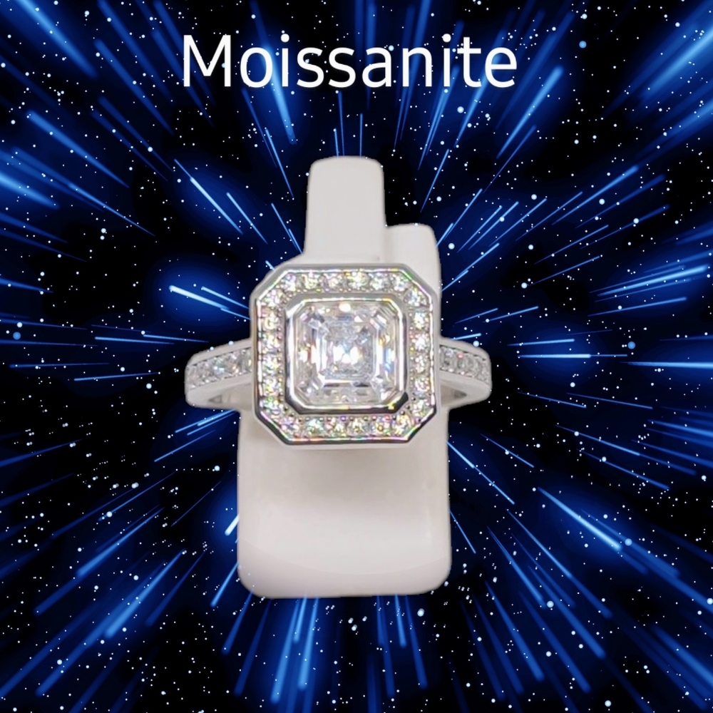 NEW Asscher Cut Moissanite Ring in Rhodium over Sterling Silver Size 9